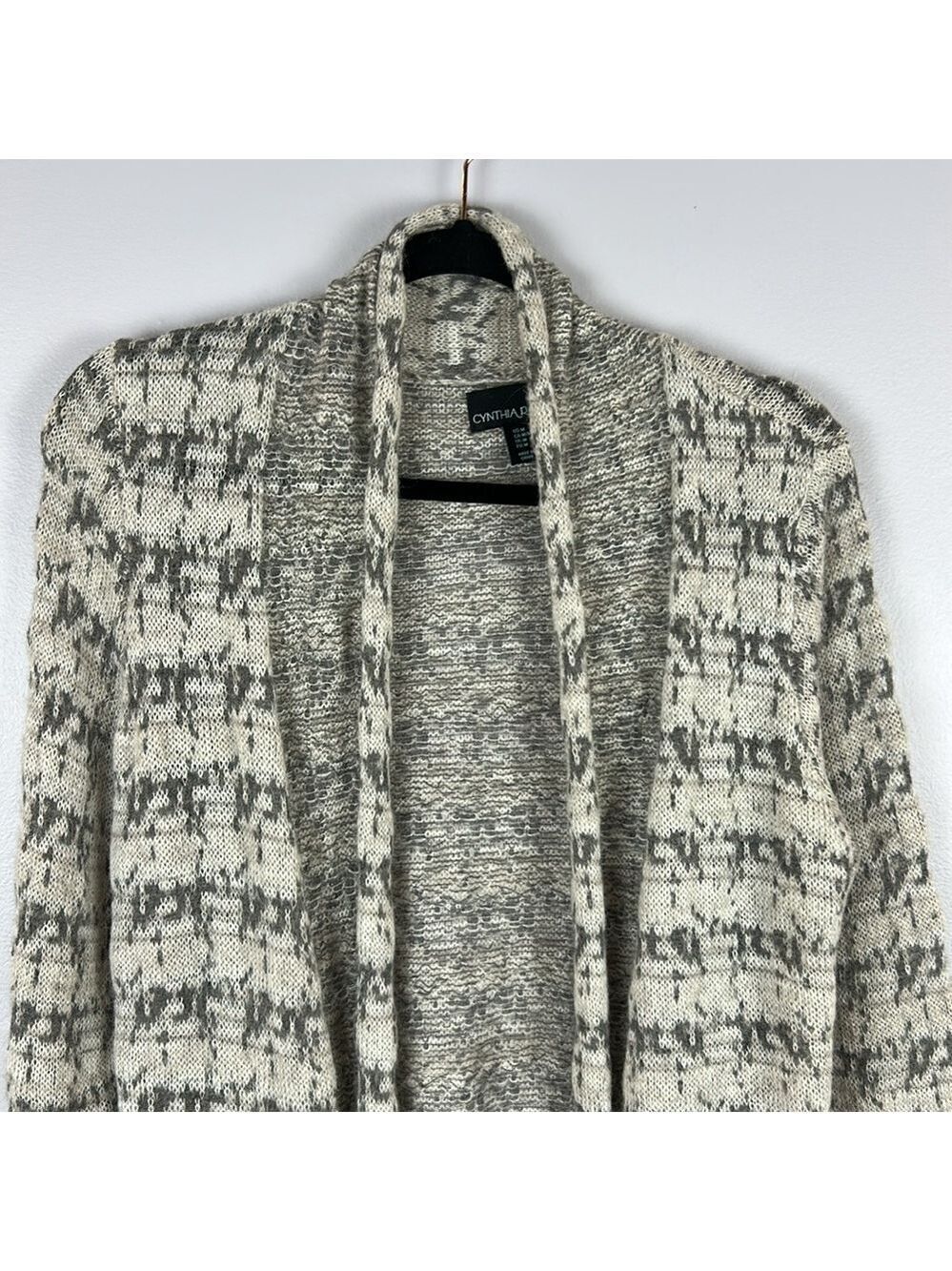 Cynthia Rowley Alpaca Blend Houndstooth Open Front Cardigan Sweater Medium Grey - Picture 4 of 13